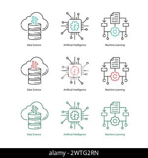 Icone vettoriali grafiche vs. IA vs ML che differenziano le tecnologie chiave Illustrazione Vettoriale