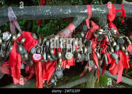 Un lucchetto d'amore raffigurante Buddha è appeso a molti altri sacri lucchetti nel Parco Nazionale del Monte Tianmen, in Cina. Foto Stock