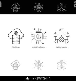 Insieme di icone AI vs ML vs Data Science Vector che esplorano i concetti fondamentali Illustrazione Vettoriale