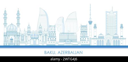 Profilo Panoramica della città di Baku, Azerbaigian - illustrazione vettoriale Illustrazione Vettoriale