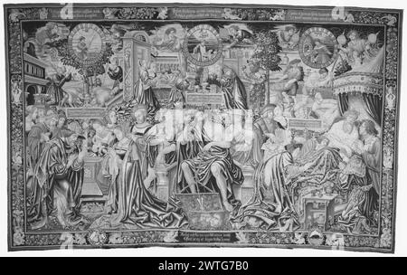 Le ultime tre epoche dell'uomo (54-60). Sconosciuto c. 1520 arazzi dimensioni: H 14'8' x W 23'3' arazzi materiali/tecniche: Lana (ordito: 16-20/poll.; 6-8/cm); lana e seta Cultura: Paesi Bassi meridionali storia di proprietà: French & Co. Acquistato da Raimundo Ruiz, fatturato 7/18/1930; [venduto a William Randolph Hearst?]. William Randolph Hearst Coll., San Simeon, CA; regalo al museo nel 1953. Stati Uniti, New York, New York, Metropolitan Museum of Art, accno. 53.221.4. Iscrizioni: Iscrizione in campo centrale su banderole, a sinistra: Pauperib[US] dedera Tyberi.. Iscrizioni: Iscrizione nel campo centrale Foto Stock