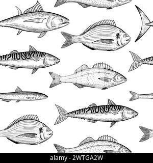 Schema senza cuciture con specie di pesci marini. Pesce di pesce. Illustrazione vettoriale con incisione in bianco e nero. Illustrazione Vettoriale