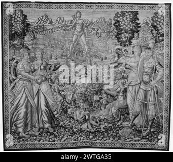 Colosso di Rodi. Heemskerck, Marten van (olandese (prima del 1600) - Paesi Bassi del Nord, 1498-1574) (progettato dopo) [stampatore] Vos, Marten de (olandese (prima del 1600) - Fiandre, 1532-1603) (progettato dopo) [stampatore] c. 1580-1600 arazzi dimensioni: H 7'10' x W 9'2' arazzi materiali/tecniche: Sconosciuto Cultura: Fiamminga tessitura Centro: Bruxelles Proprietà storia: French & Co. acquistò dai Crown Studios il 5/3/1965; venduta al Dr. M. Esclavisset il 4/10/1967. 2 coppie fiancheggiano la scena centrale (sinistra e destra, primo piano); l'ingresso al porto del colosso di Rodi tiene la prua in mano destra e ha q Foto Stock