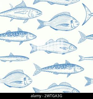 Schema senza cuciture con specie di pesci marini. Pesce di pesce. Illustrazione vettoriale in stile incisione retrò. Illustrazione Vettoriale