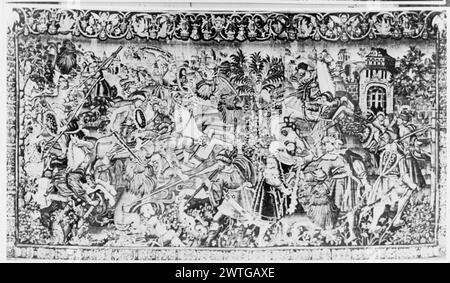 Caccia ai leoni. Grenier, Jean (olandese (prima del 1600) - Fiandre, atto 1497-1513) (workshop, attr.) [tessitore] Poissonier, Arnould (olandese (prima del 1600) - Fiandre, atto 1491-d.1522) (laboratorio, attr.) [tessitore] c. 1500-1510 arazzi dimensioni: H 12'8' x W 22'4' arazzi materiali/tecniche: Sconosciuta Cultura: Paesi Bassi meridionali storia di proprietà: Le Comte Louis de Dreux Brezé coll. J. P. Morgan coll. French & Co. (Circa 1961). Jack Benardout Coll., Londra. Coll. Privato, Sao Paolo. Stati Uniti, New York, New York, Sotheby's, 23 novembre, 1987, lotto 495. Nel paesaggio, cacciatori a cavallo e f Foto Stock