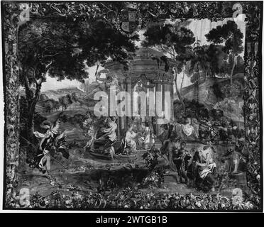 Fidanzamento di Myrtillis e Amaryllis. Orley, Jan van (fiammingo, 1665-1735) (autore del disegno) [disegnatore] c. 1720-1740 arazzi dimensioni: H 12'8,5' x W 14'8' arazzo materiali/tecniche: Cultura sconosciuta: Centro tessitura fiamminga: Bruxelles storia della proprietà: French & Co. Ricevuto dal Marchese de' Medici per la contessa Dezsoffy, 6/22/1951; restituito, 8/8/1961. Dario Boccara coll. England, Greater London, London, Sotheby's, 29 novembre, 1985, lotto 12. Nel paesaggio davanti al tempio di Diana, Myrtillis & Amaryllis fidanzato davanti al sommo sacerdote, che circonda figure femminili; cherubini con torce sopra; Foto Stock