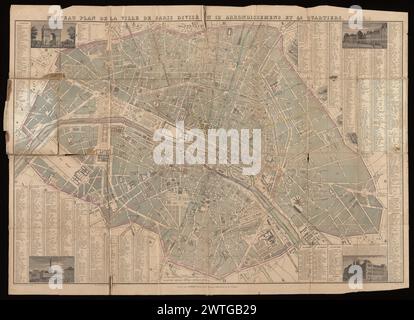 Nouveau plan de la ville de Paris, divisé en 12 arrondissemens et 48 quartiers (1854) / dressé et gravé par Pierre Tardieu ; ecrit par Burty, 1854. Tardieu, Pierre Antoine, 1784-1869, cartografo, incisore. [1854] la Vallée elenca le edizioni dal 1842 al 1852 (L. Vallée, Catalogue des Plans de Paris, 2945-2951). Titolo nel margine superiore. Indice stradale in basso a sinistra e in alto a destra. Include vedute dell'Arco di Trionfo, del Palais des Tuileries, delle colonne de Juillet e dell'Hôtel de ville. Barre di scala di 500 tartarughe e 1000 metri. Confini degli arrondissements tracciati a colori. Piano montato a pag. [3] di copertura del pannello di pedaggio, Foto Stock