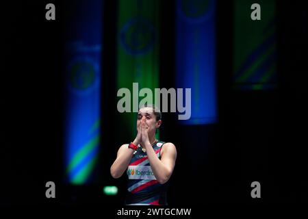 Birmingham, Regno Unito. 18 marzo 2024. La Spagna Carolina Marin festeggia dopo la finale di singolare femminile contro il giapponese Yamaguchi Akane allo YONEX All England Open Badminton Championships 2024 a Birmingham, Regno Unito, 17 marzo 2024. Crediti: Xinhua/Alamy Live News Foto Stock