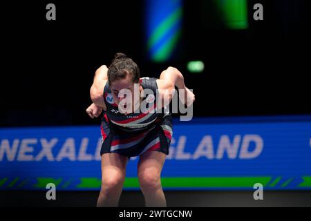 Birmingham, Regno Unito. 18 marzo 2024. La Spagna Carolina Marin festeggia dopo la finale di singolare femminile contro il giapponese Yamaguchi Akane allo YONEX All England Open Badminton Championships 2024 a Birmingham, Regno Unito, 17 marzo 2024. Crediti: Xinhua/Alamy Live News Foto Stock