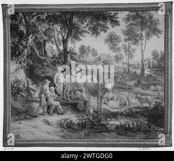 Scena della mungitura. Teniers, David II (fiammingo, 1610-1690) (disegnato dopo) [pittore] Leyniers, Urbanus (fiammingo, 1674-1747) (laboratorio) [tessitore] Leyniers, Daniel II (fiammingo, 1669-1728) (laboratorio) [tessitore] c. 1700-1750 arazzi dimensioni: H 10' x W 12' arazzi materiali/tecniche: Cultura sconosciuta: Fiamminga tessitura Centro: Bruxelles Proprietà storia: Francese & Co Iscrizioni: Firma tessuta nel campo centrale, in basso a destra [parzialmente leggibile nella fotografia]: [V o D ? ] LEYNIERS nel paesaggio accanto al ruscello, figure che fumano, musicisti che suonano musica, mucca da mungitura e pecore curative (BRD) fogliame stilizzato, Foto Stock