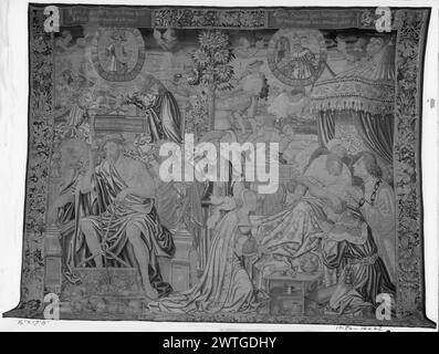 Le ultime tre epoche dell'uomo (54-60). Sconosciuto c. 1525-1540 arazzi dimensioni: H 13'8' x W 16' arazzi materiali/tecniche: Sconosciuto Cultura: Sud dei Paesi Bassi tessitura Centro: Sconosciuto storia di proprietà: French & Co. Iscrizioni: Iscrizione in campo centrale (L) [per lo più leggibile in fotografia]:.. TOBIAN/NATU SOPHROSYNEN CU[M] iscrizioni PIETATE DOCET: Iscrizione in campo centrale (R) [per lo più leggibile in fotografia]:. SPIRITUS ARTUS/.. JACOB... Iscrizioni REGNA SUBIT: Iscrizione sul bordo superiore, banderola sinistra [per lo più leggibile in fotografia]: INSERIT.. EXCULTIS SEMINA TERRIS/INSTITUIT.. QUALIB Foto Stock