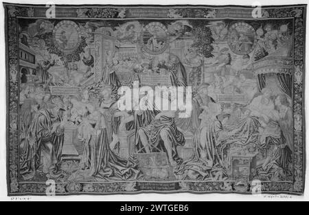 Le ultime tre epoche dell'uomo (54-60). Sconosciuto c. 1520 arazzi dimensioni: H 14'8' x W 23'3' arazzi materiali/tecniche: Lana (ordito: 16-20/poll.; 6-8/cm); lana e seta Cultura: Paesi Bassi meridionali storia di proprietà: French & Co. Acquistato da Raimundo Ruiz, fatturato 7/18/1930; [venduto a William Randolph Hearst?]. William Randolph Hearst Coll., San Simeon, CA; regalo al museo nel 1953. Stati Uniti, New York, New York, Metropolitan Museum of Art, accno. 53.221.4. Iscrizioni: Iscrizione in campo centrale su banderole, a sinistra: Pauperib[US] dedera Tyberi.. Iscrizioni: Iscrizione nel campo centrale Foto Stock