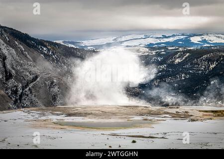 SORGENTI TERMALI DI MAMMOTH, PARCO NAZIONALE DI YELLOWSTONE, WYOMING, STATI UNITI D'AMERICA Foto Stock