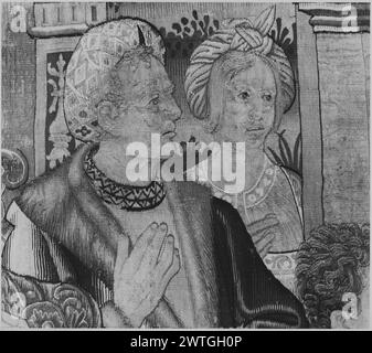 Soggetto con "Antonius puis". Sconosciuto c. 1530-1540 arazzi dimensioni: H 3'6' x W 4'5' arazzo materiali/tecniche: Sconosciuto Cultura: Flemish Weaving Center: Bruxelles storia di proprietà: French & Co. Acquistato da F. Kleinburger Galleries, Inc. 11/5/1921; venduto al Dr. Robert Guard 9/20/1966. Iscrizioni: Iscrizione sulla parte superiore dell'arazzo "Antonius puis", & Woman & 2 men on R Look to R; soldato & Woman on L con soldato & Woman dietro di loro che guarda; in Architectural Setting (BRD) banda di nastro ritorto esterno frammento di arazzo; bordi mancanti. French & Co. Scheda stock in archiv Foto Stock