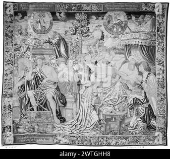 Le ultime tre epoche dell'uomo (54-60). Sconosciuto c. 1525-1540 arazzi dimensioni: H 13'8' x W 16' arazzi materiali/tecniche: Sconosciuto Cultura: Sud dei Paesi Bassi tessitura Centro: Sconosciuto storia di proprietà: French & Co. Iscrizioni: Iscrizione in campo centrale (L) [per lo più leggibile in fotografia]:.. TOBIAN/NATU SOPHROSYNEN CU[M] iscrizioni PIETATE DOCET: Iscrizione in campo centrale (R) [per lo più leggibile in fotografia]:. SPIRITUS ARTUS/.. JACOB... Iscrizioni REGNA SUBIT: Iscrizione sul bordo superiore, banderola sinistra [per lo più leggibile in fotografia]: INSERIT.. EXCULTIS SEMINA TERRIS/INSTITUIT.. QUALIB Foto Stock