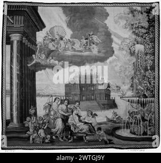 Bagno di Venere. Albani, Francesco (italiano, 1578-1660) (disegnato dopo) [pittore] Vanderbank, John (britannico, atto 1689-1727) (laboratorio) [tessitore] c. 1700-1725 arazzi dimensioni: H 8'6' x W 7'9' arazzi materiali/tecniche: Sconosciuto Cultura: Inglese tessitura Center: Londra storia di proprietà: French & Co. Acquistato da R. W. Lehne, fatturato 6/19/1930; venduto a M. Van Beuren 7/22/1930. Portico con pilastri (L, primo piano), Venere siede sulla sedia, con la partecipazione di ninfe (centro, primo piano), fontana (R, primo piano), palazzo adagiato sul lago (centro, sfondo), Apollo suona lira con carro e cupidi (centesimi) Foto Stock