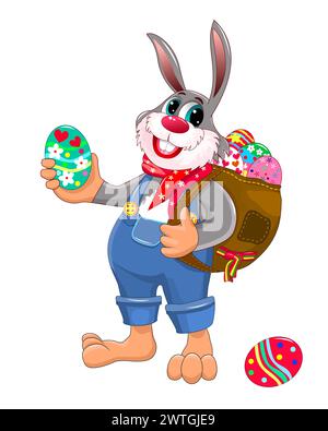 Coniglio cartoni animati con un sacchetto pieno di uova di Pasqua. Lepre su sfondo bianco. Illustrazione Vettoriale