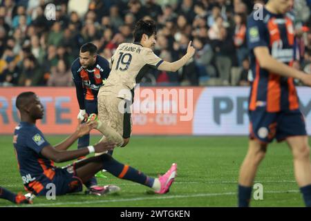 Montpellier, Francia. 17 marzo 2024. Lee Kang-in del PSG celebra il suo gol durante la partita di calcio francese di Ligue 1 tra Montpellier HSC (MHSC) e Paris Saint-Germain (PSG) il 17 marzo 2024 allo stadio la Mosson di Montpellier, Francia - foto Jean Catuffe/DPPI Credit: DPPI Media/Alamy Live News Foto Stock