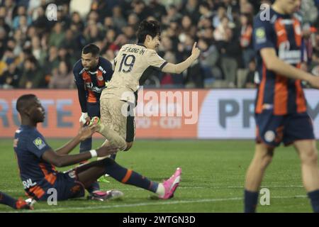 Lee Kang-in del PSG celebra il suo gol durante la partita di calcio del campionato francese di Ligue 1 tra Montpellier HSC (MHSC) e Paris Saint-Germain (PSG) il 17 marzo 2024 allo stadio la Mosson di Montpellier, in Francia Foto Stock