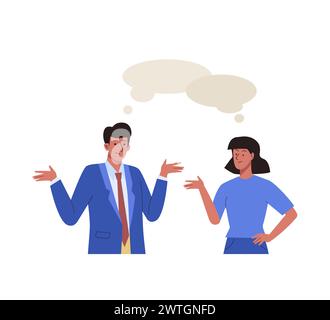 Chiacchierare uomo e donna con le bolle del discorso. Gli uomini d'affari si incontrano e parlano Illustrazione Vettoriale
