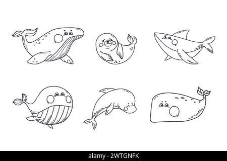 Animali acquatici dell'oceano in stile doodle. Mammiferi sottomarini diverse specie di balene, squali, foche, delfini Illustrazione Vettoriale