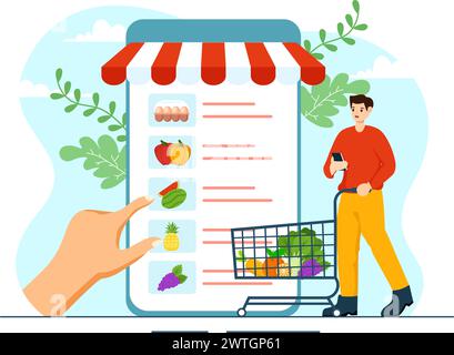 Illustrazione vettoriale del negozio di alimentari online con scaffali per prodotti alimentari, rack per latticini, frutta e bevande per l'ordine di acquisto tramite telefono in background Illustrazione Vettoriale