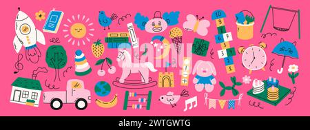 Coloratissimi elementi doodle per l'igiene diurna. Rocket, hopscotch, giocattoli, cavallo, casa, sole e altri elementi Illustrazione Vettoriale