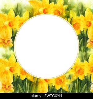 cornice rotonda bianca su sfondo giallo acquerello, narciso e foglie verdi giallo primavera, accogliente illustrazione casalinga, ske disegnato a mano Foto Stock