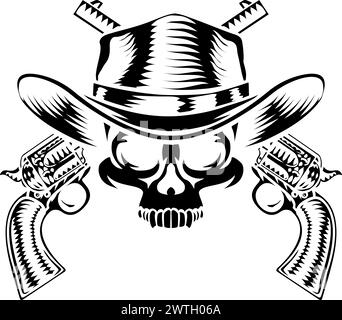 Cowboy Hat Pistols Skull Pirate Cross Bones Illustrazione Vettoriale