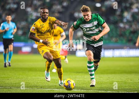 Lisbona, Portogallo. 17 marzo 2024. Viktor Gyokeres dello Sporting CP (R) con Chidozie Awaziem del Boavista FC (L) in azione durante la Liga Portugal Betclic match tra Sporting CP e Boavista FC all'Estadio Jose Alvalade. (Punteggio finale: Sporting CP 6 - 1 Boavista FC) crediti: SOPA Images Limited/Alamy Live News Foto Stock