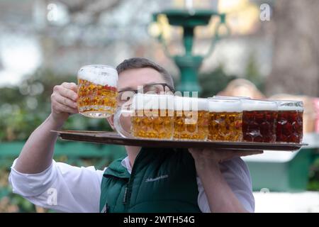 AUSTRIA; VIENNA; 20240315; camerieri portano tableaus con birra ceca Budweiser attraverso la birreria all'aperto del famoso ristorante Schweizerhaus (Swisshouse) nel parco divertimenti Prater di Vienna il 15 marzo 2024. Il ristorante Schweizerhaus è noto per la sua birra di maiale e Budweiser durante la stagione di apertura. - 20240315 PD16997 credito: APA-PictureDesk/Alamy Live News Foto Stock