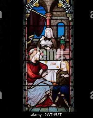 Maria la madre di Gesù alla festa nuziale a Cana, illustrazione nella chiesa di Santa Maria maggiore, la chiesa universitaria a Cambridge, in Inghilterra. Foto Stock