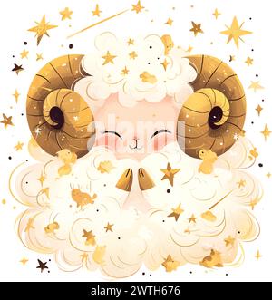 Segno zodiacale Ariete con illustrazione a stelle dorate su sfondo bianco Illustrazione Vettoriale