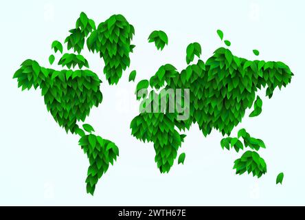 Mappa del mondo fatta di foglie o erba. Ambiente ed ecologia. Illustrazione vettoriale Illustrazione Vettoriale
