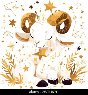 Segno zodiacale Ariete con illustrazione a stelle dorate su sfondo bianco Illustrazione Vettoriale