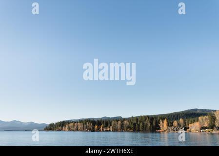 Litorale del lago Tahoe con alberi e cabine nelle giornate di sole con spazio per fotocopie Foto Stock