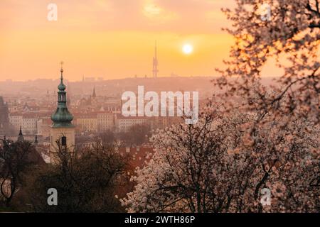 Vista panoramica di Praga all'alba attraverso i giardini fioriti Foto Stock