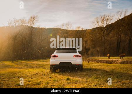 Elegante White Car alla deriva su terreni montuosi Foto Stock