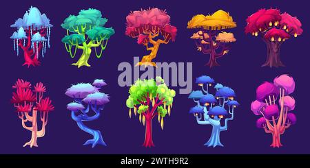 Alberi fantasy. Piante della foresta magica, elementi luminosi del giardino, flora da favola, natura strana, design di giochi UI. Natura mistica aliena, inusuale Illustrazione Vettoriale