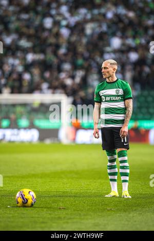 Lisbona, Portogallo. 17 marzo 2024. Nuno Santos dello Sporting CP in azione durante la Liga Portugal Betclic match tra Sporting CP e Boavista FC all'Estadio Jose Alvalade. (Punteggio finale: Sporting CP 6 - 1 Boavista FC) (foto di Henrique Casinhas/SOPA Images/Sipa USA) credito: SIPA USA/Alamy Live News Foto Stock