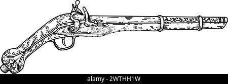 Illustrazione disegnata a mano di una vecchia pistola, fungo. Illustrazione vettoriale Illustrazione Vettoriale