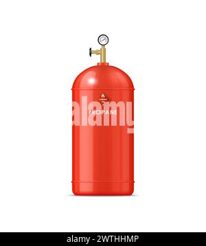 Cilindro in metallo al propano realistico. Serbatoio cilindrico isolato rosso vettoriale, robusto, contiene combustibile infiammabile per la cottura o il riscaldamento, con un manometro e una valvola di sicurezza per un uso controllato Illustrazione Vettoriale