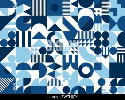 Moderno motivo geometrico blu astratto. Lo sfondo a mosaico vettoriale presenta forme ed elementi audaci nei colori delle onde oceaniche, creando un design dinamico e rilassante dall'estetica contemporanea Illustrazione Vettoriale