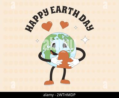 Banner del giorno della Terra felice con il personaggio della mascotte che tiene il cuore. Salvare il poster retro del pianeta. Modello per il design delle festività. Illustrazione vettoriale. Illustrazione Vettoriale