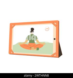 Tablet online per lezioni di yoga. Applicazione di allenamento a casa per il fitness isolata su sfondo bianco. Formazione online. Illustrazione piatta vettoriale. Illustrazione Vettoriale