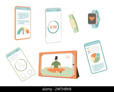 Applicazione di allenamento remoto. Corso di esercizi su tablet e telefono online. Dispositivi per l'allenamento domestico isolati su sfondo bianco. formazione digitale e noi Illustrazione Vettoriale