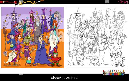Illustrazione a cartoni animati di divertenti fantasie o personaggi delle fiabe pagina colorata di gruppo Illustrazione Vettoriale
