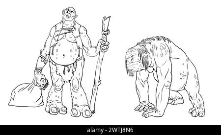 Troll fantasy che disegnano. Modello di colorazione per troll cannibale gigante. Foto Stock