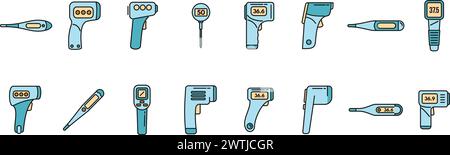 Le icone del termometro digitale impostano il vettore del contorno. Medicina digitale. Electronic Care linea sottile colore piatto isolato Illustrazione Vettoriale