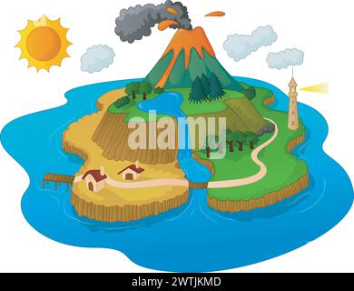 Una splendida isola con Volcano in eruzione, illustrazione vettoriale Illustrazione Vettoriale